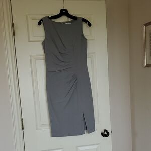 Calvin Klein Sleeveless Gray Ruched Midi Sheath Dress with Front Slit